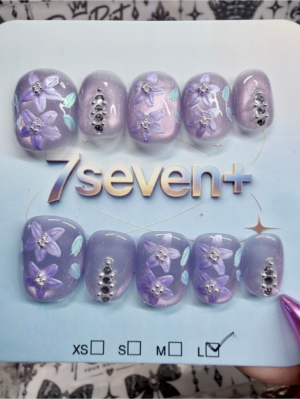 Seven7 Lavender Floral Press-On Nails with Rhinestones - Women Makeup
